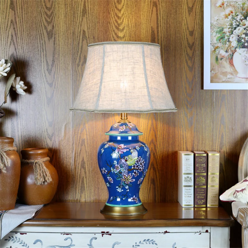 Современные европейские голубой Керамика настольная лампа ручная роспись в виде