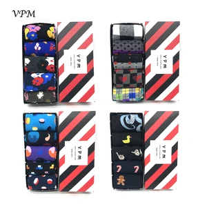 VPM подарочной коробке красочные чесаный хлопок Для мужчин нескользящих носочков платье Бизнес Harajuku прохладный черный серый решетки тетрис 5 расцветок, парлот