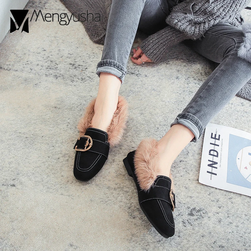 Женские меховые Мокасины теплые туфли на плоской подошве без застежки с пряжкой