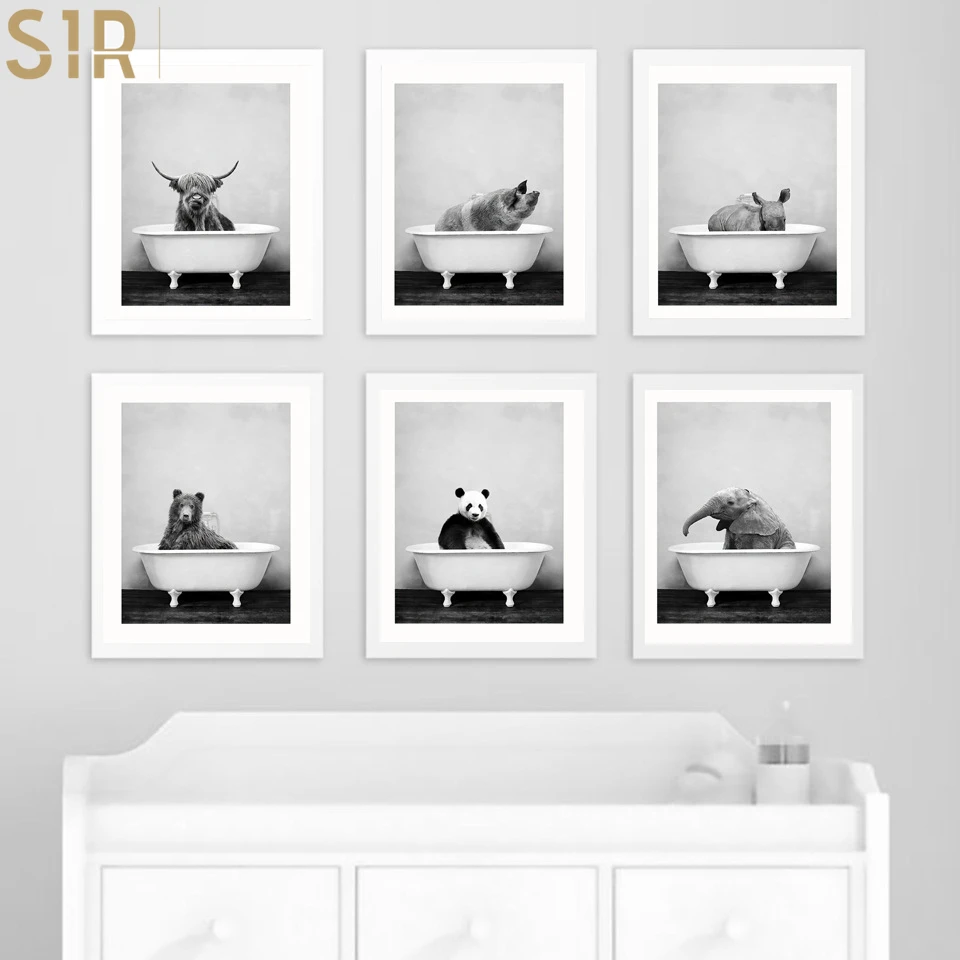 

Baby Animal in Bathtub Poster Panda Giraffe Elephant Lion Pig Cow Canvas Painting Nursery Wall Art Nordic Picture Kid Room Deco