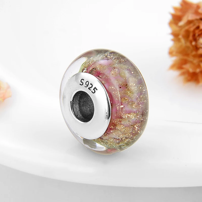Горячие 925 пробы серебряные мерцающие золотистые и розовые муранские стеклянные