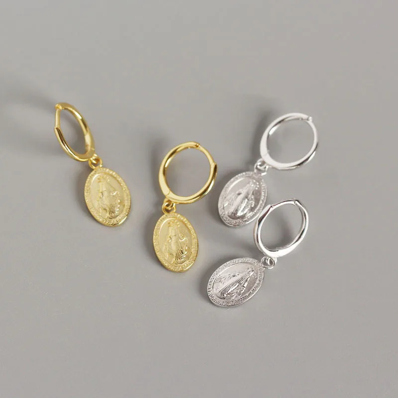 

S925 pure silver Santa maria mother COINS ear hoop earrings female Geometric small hoops gold color fashion Delicate jewerly