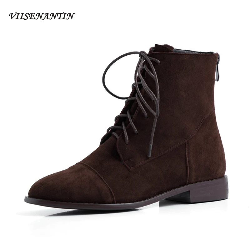 

Ботинки женские из нубука, на шнуровке, с круглым носком, на молнии сзади, удобные короткие сапоги на плоской подошве, в стиле ретро