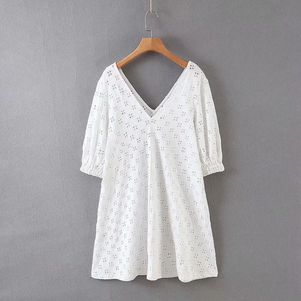 2020 женское элегантное белое мини-платье с v-образным вырезом и вышивкой