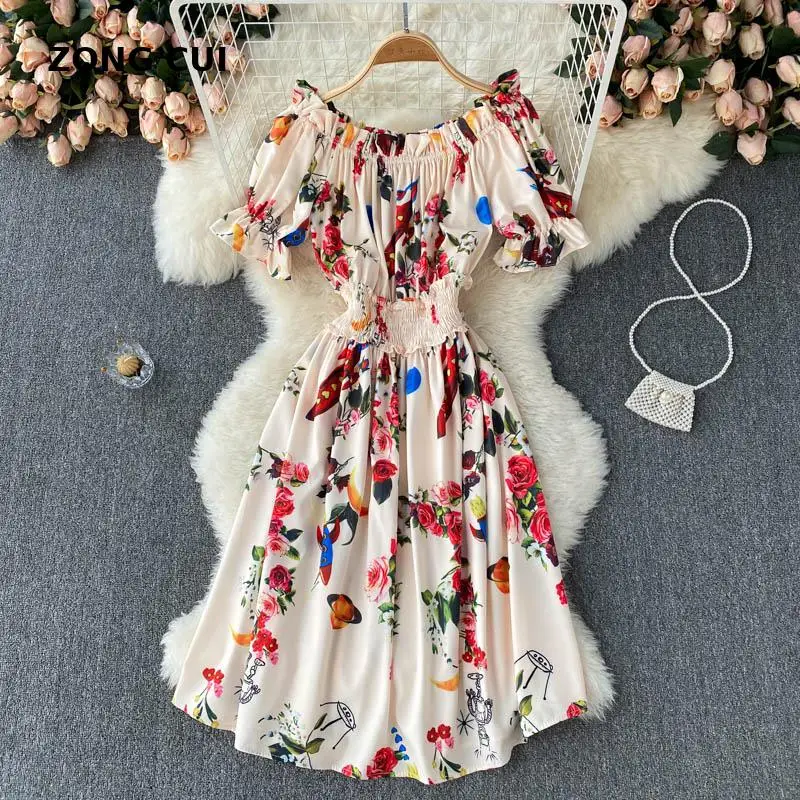 

Bohemian Vintage Floral Slash Neck Dress Summer New Women Short Sleeve High Waist Draped Ethnic Dress Vestidos Plus Size 2021