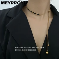 meyrroyu stainless steel new punk black leather twine long tassel necklace for women choker 2021trend party gift fashion jewelry