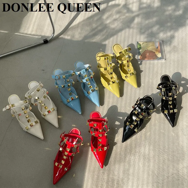 Босоножки женские с заклепками туфли-лодочки на высоком каблуке заостренный