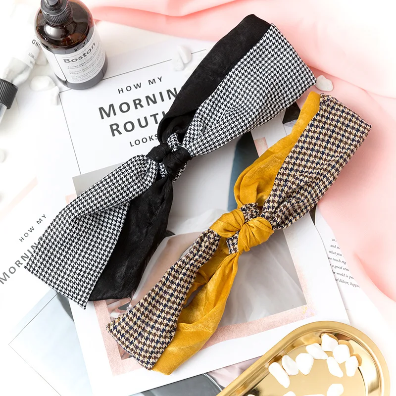 Женская повязка на голову винтажная шелковая клетчатая эластичная лента для