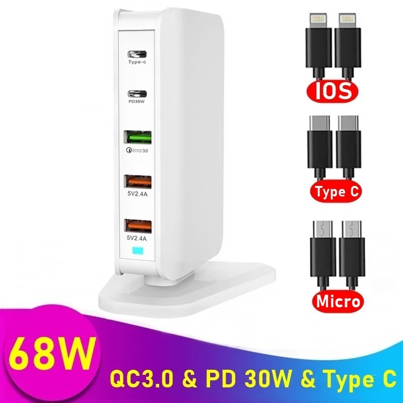 

68W Universal USB Fast Charger Quick Charge QC3.0 PD 30W USB Type C Charging Station For Phone Iphone Huawei Samsung Xiaomi