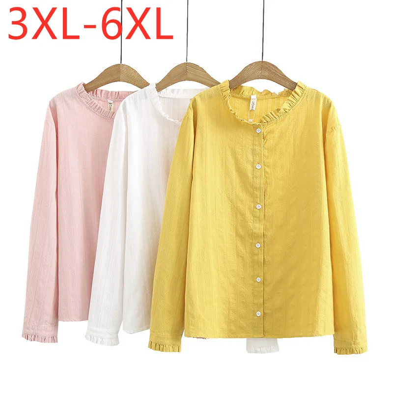 

New 2021 Ladies Spring Autumn Plus Size Top For Women Large Long Sleeve Loose Jacquard Weave Yellow Cotton Shirt 3XL 4XL 5XL 6XL