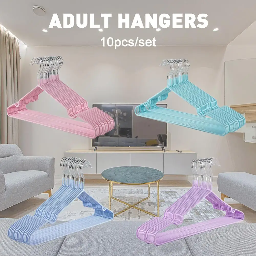 

10pcs Solid Color Metal Hangers For Clothes Thin Notched Grooves Hangers Support Hangers For Clothes Drying Rack Multifunction