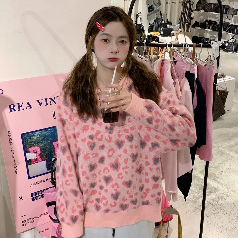 

Ins Pink Loose Leopard Sweatshirts Oversized Hoodie Woman Clothing Casual O-neck Pullovers Fashion Spring Autumn Ladies Tops