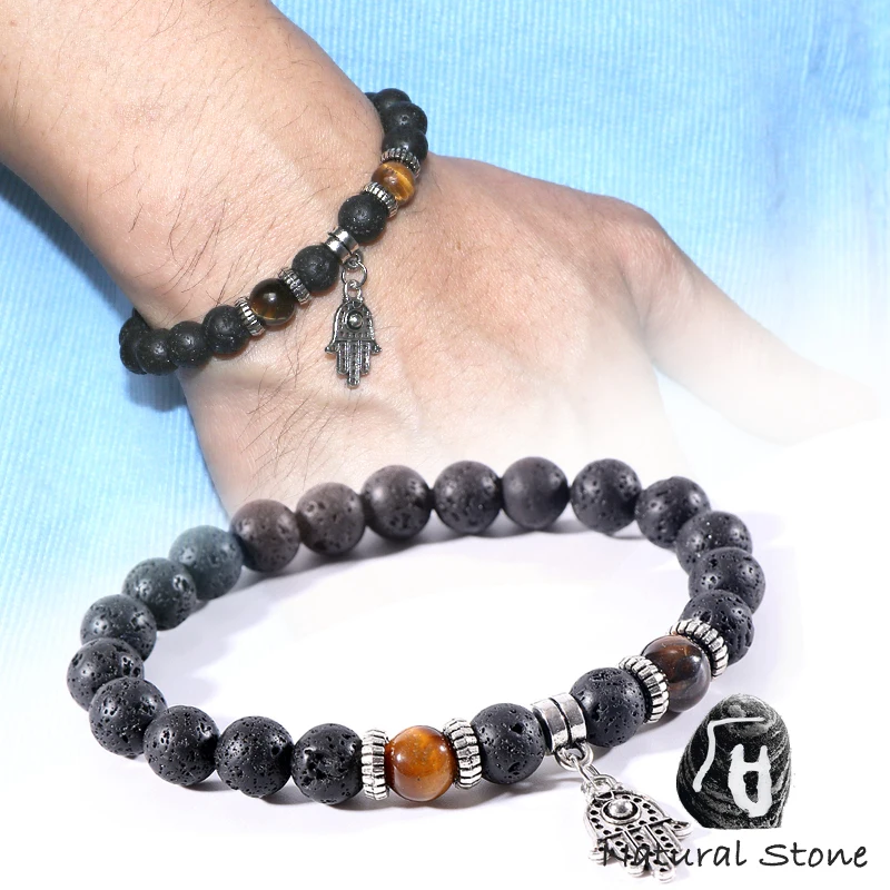 Купи Fatima Hand Charm Bracelet 8MM Natural Lava Stone Tiger Eye Beaded Yoga Chakra Bangle Men Jewelry for Gift за 144 рублей в магазине AliExpress