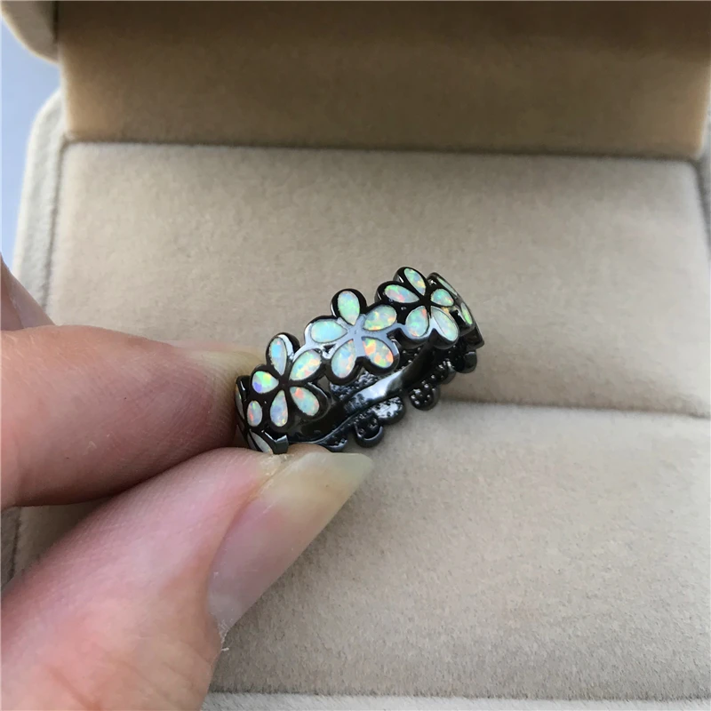 

Boho Female Blue White Opal Ring Classic Vintage Black Gold Wedding Ring Luxury Bride Flower Engagement Rings For Women