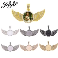 20pcs circle angel wings pendant base 30mm blank tray diamond rhinestone bezel charm for diy jewelry making necklace accessories