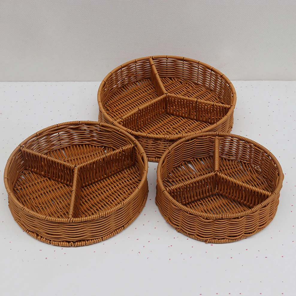 

Ротанговая плетеная тарелка для конфет, 3 ячейки, тарелка для закусок, высушенных фруктов, креативная корзина для фруктов, круглая плетеная ...