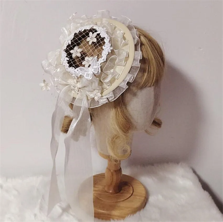 Бежевая шапка в стиле &quotЛолита&quot плоская шляпа кружевной бант Цветочная