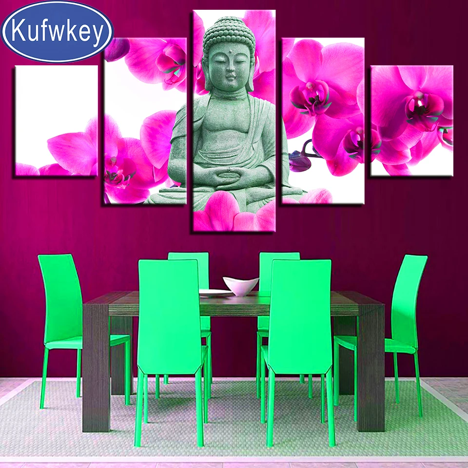 

5 Piece Multi Buddha Orchid Diamond Painting Full Square Round Mosaic 3d Cross Stitch Diamond Pattern Pink Flower Diamant Paint