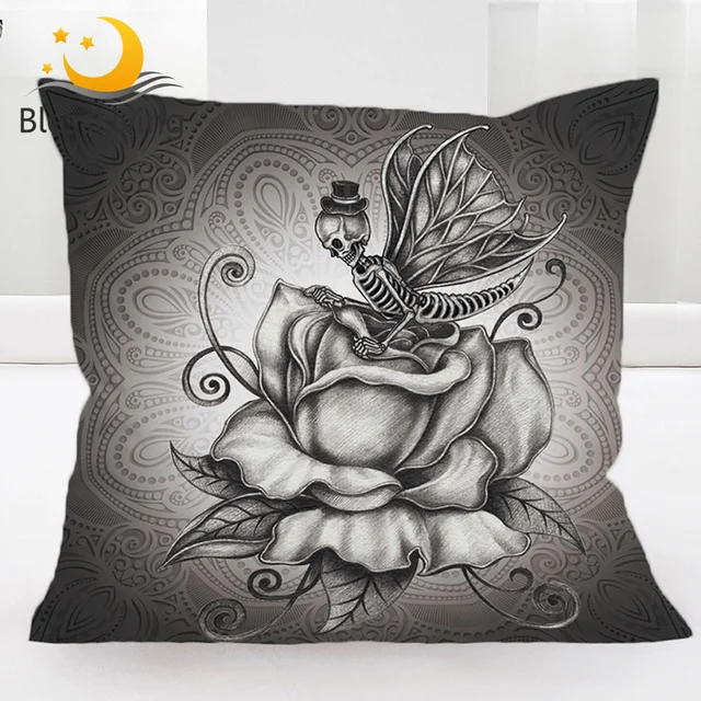 BlessLiving Pale Grey Butterfly Cushion Cover Skull Pillow Cover Retro Rose Pillow Case 45*45 Romantic Dark Home Decor Drop Ship 1