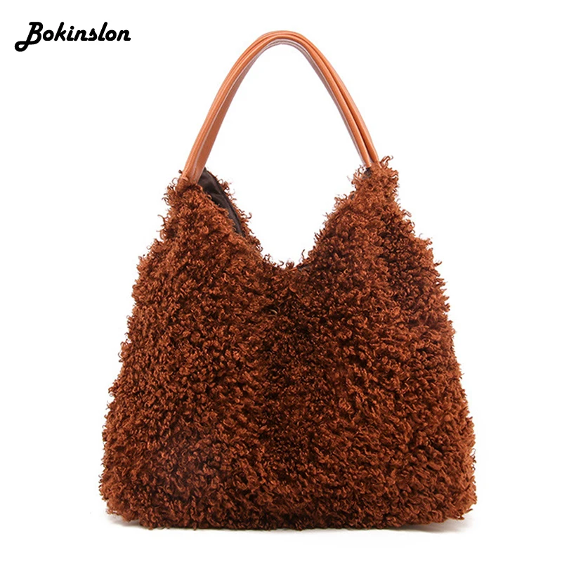 Bokinslon портативная модная женская сумка зимняя овечья шерсть плюшевая Ретро дикая