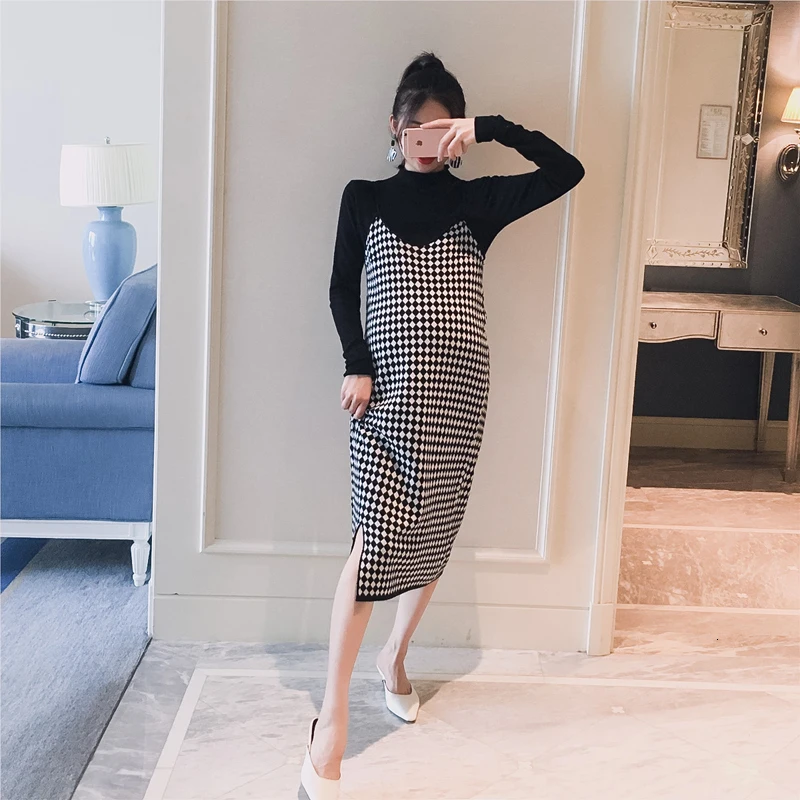 2 шт./компл. черный вязаный беременности и родам рубашки на подкладке + платье