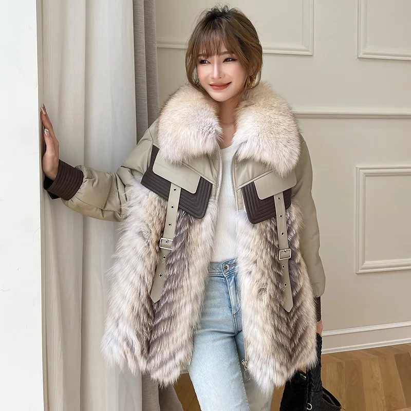 Женская куртка из натуральной овечьей кожи на белом утином пуху с воротником