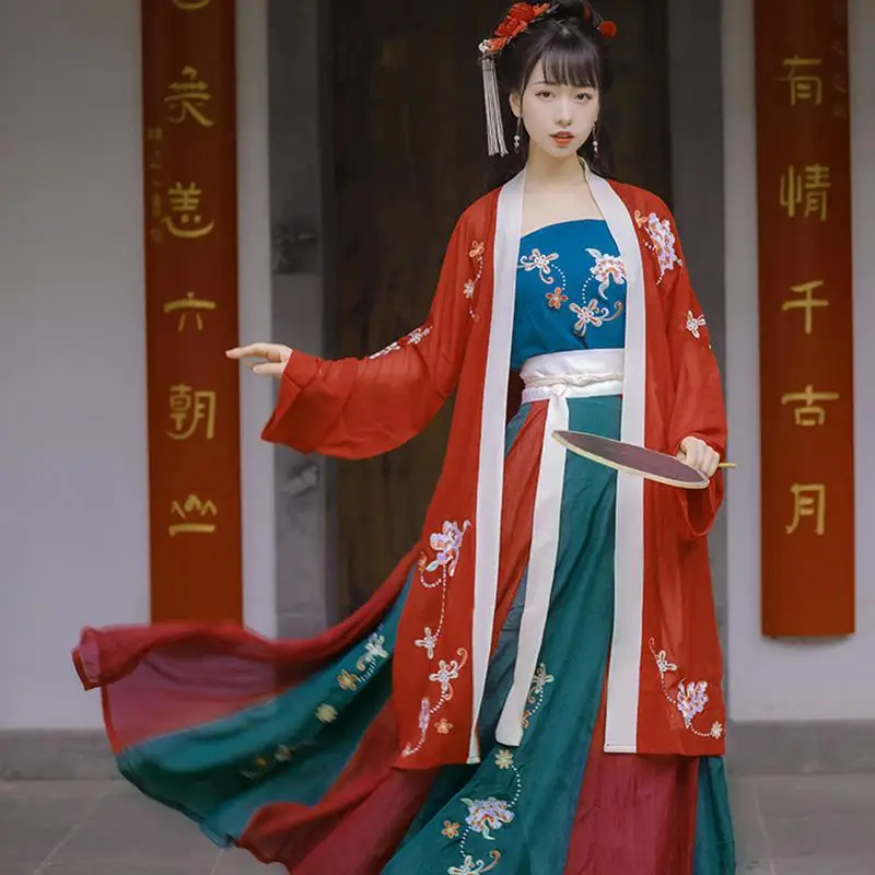 

Платье ханьфу из песни, Женский пионовый павильон в китайском стиле, аутентичная юбка из песни, летний сказочный костюм из трех предметов, к...