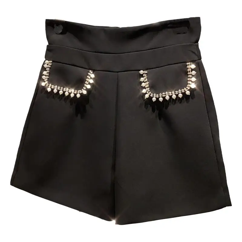 

2021 Spring New Double Pocket Large Rhinestone Beaded Solid Color Three-Point Suit Pants Workwear Ladies Shorts High Waist