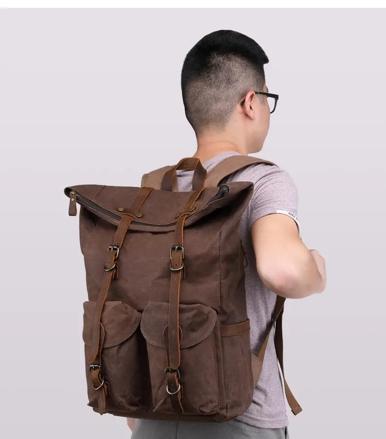 

Nesitu Highend New Vintage Army Green Coffee Grey Crazy Horse Leather Canvas 15.6'' Laptop Women Men Backpack Travel Bag M7173