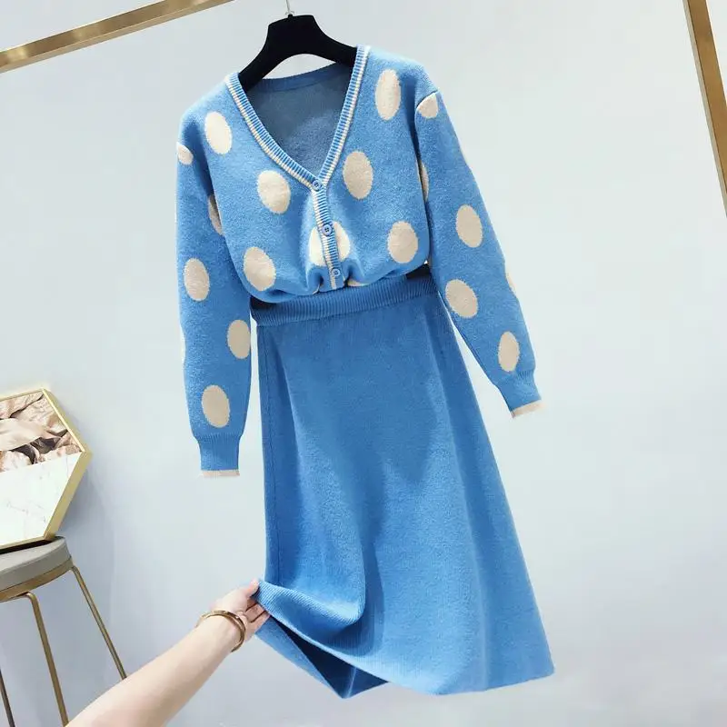 Женская сладкая корейская одежда 2 шт. Наборы весна осень Cute Dot V-образным вырезом свитер+ юбка спортивный костюм женский комплект одежды - Цвет: 4