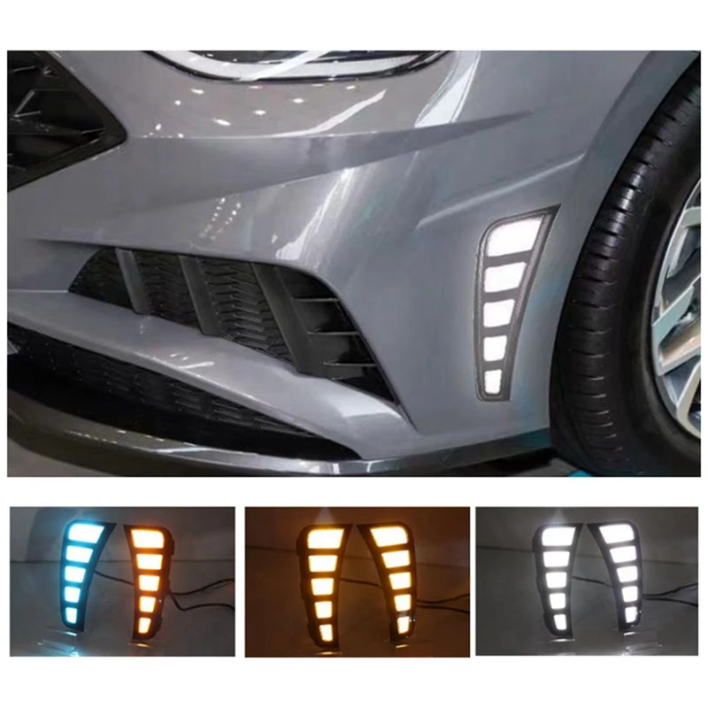 

2 шт. белый, янтарный и синий динамический сигнал поворота 12 В автомобильная лампа DRL светодиодные дневные ходовые огни для Hyundai Sonata 2020 2021