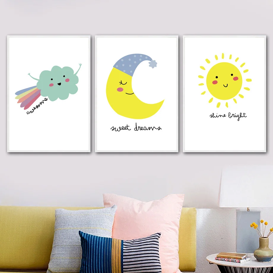 

Cartoon Decorative Painting Sun Dark Clouds Home Decoration Children's Room Canvas Painting Wall Poster Moon Kids Room Decor
