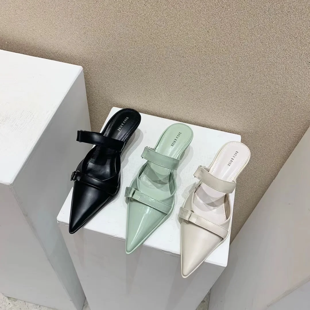 

Pointed Toe Women Slippers Elegant Thin Low Heels Hollow Design Solid Color Black/Green/Beige Ladies Mules Shoes Size 35-39
