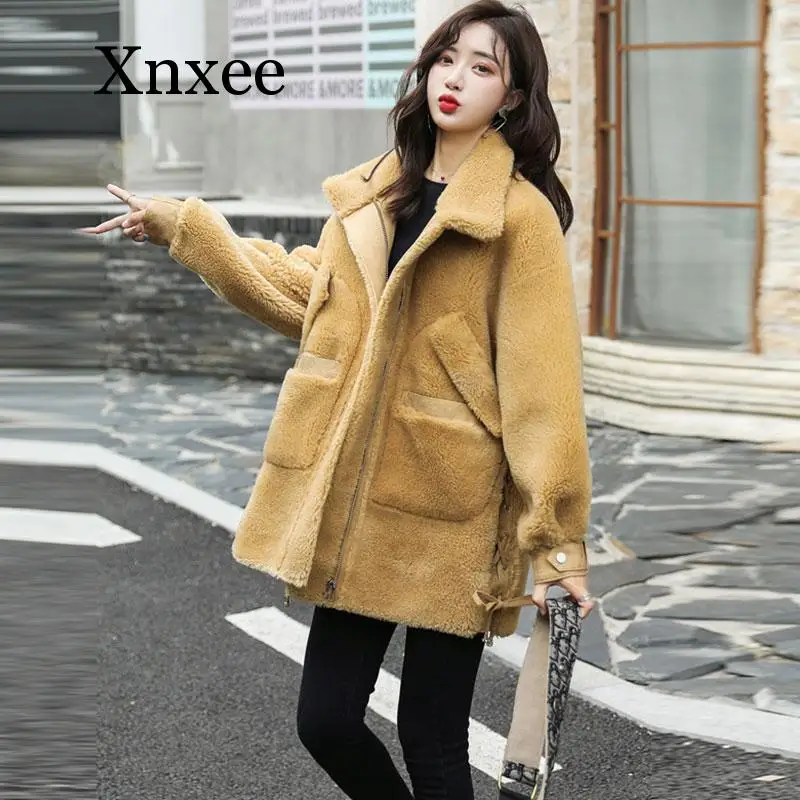 Winter Fur Coat Women Sheep Shearing Wool Fur short Jacket  Loose  Pocket Adustable Waist  Kawaii vintage korean