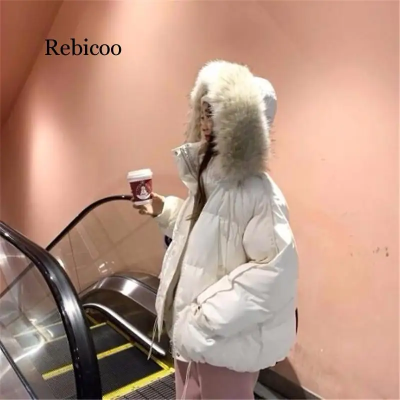 

Faux Fur Collar Coat Down Cotton Padded Hooded Parkas Women Casual Loose Thick Warm Female Outerwear Winter Plus Size Overcoat