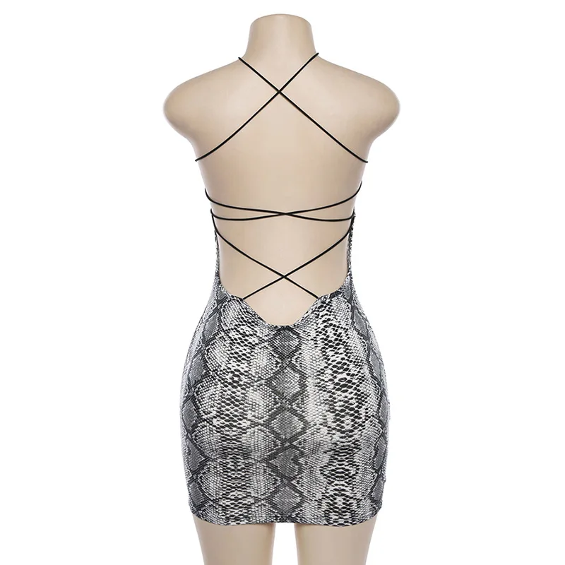 

Slash Neck Women Sexy Bandgae Party Club Dress Elegant Snake Print Bodycon Sleeveless Clubwear Backless Mini Dress Streetwear