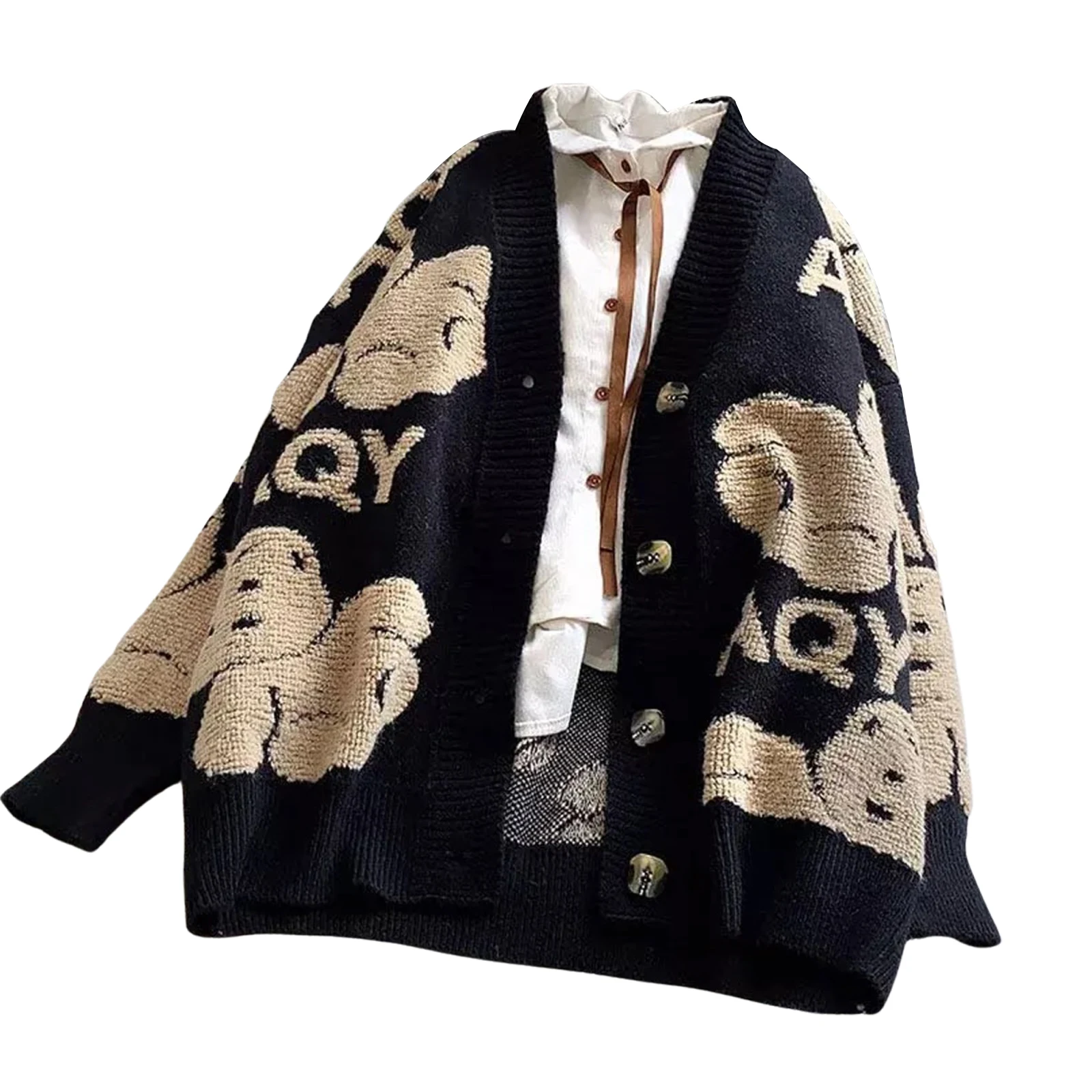 

Свитер на пуговицах для женщин, повседневный трикотажный кардиган с длинным рукавом, V-образным вырезом и надписью медведя