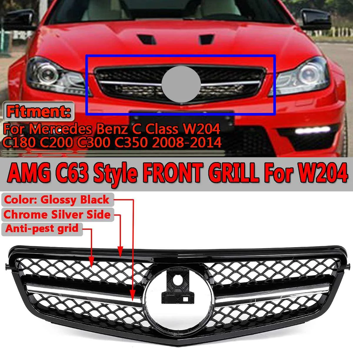 

Хромовый/черный C63 для автомобилей AMG СТИЛЬ передняя Верхняя решетка гриль для Mercedes Benz C Class W204 C180 C200 C300 C350 2008-2014