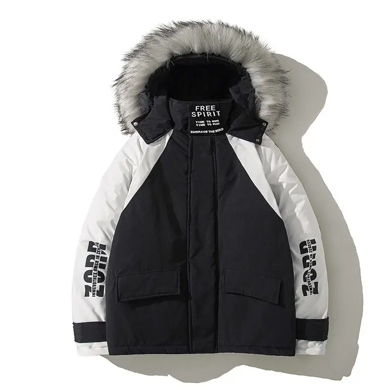 

Fur Collar Hooded Coats Men Jackets Winter Thicken Warmth Windproof Cargo Printed Letter Top Casual Loose Pocket Jacket Oversize