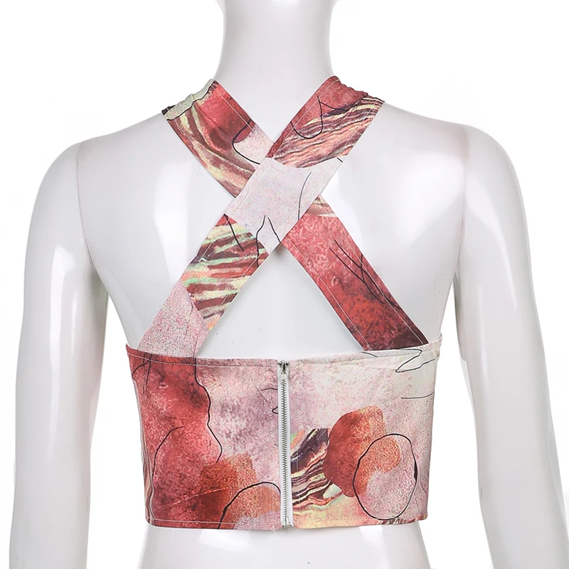 

CIBBAR Sexy Hollow Out Skinny Halter Tops Women Summer Criss Cross Sleeveless Crop Top Casual Vintage Printed Backless Clubwear