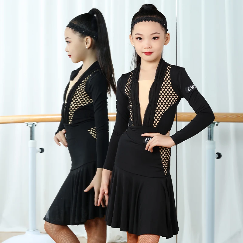 

Детское платье для латинских платье для танцев для девочек; Кофта с длинными рукавами Платье черного цвета латинские танцы Конкурс платье д...