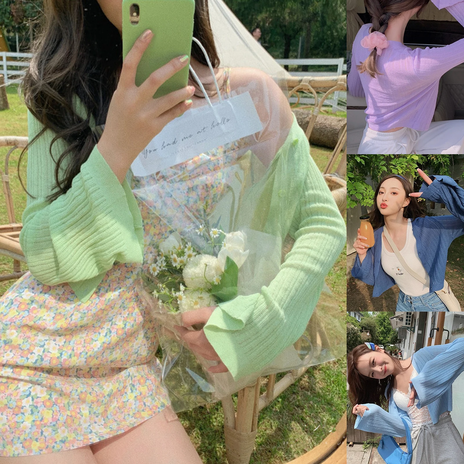 

Women Long Flare Sleeve Buttons Solid Color Anti Sun Thin Short Cardigan Coat