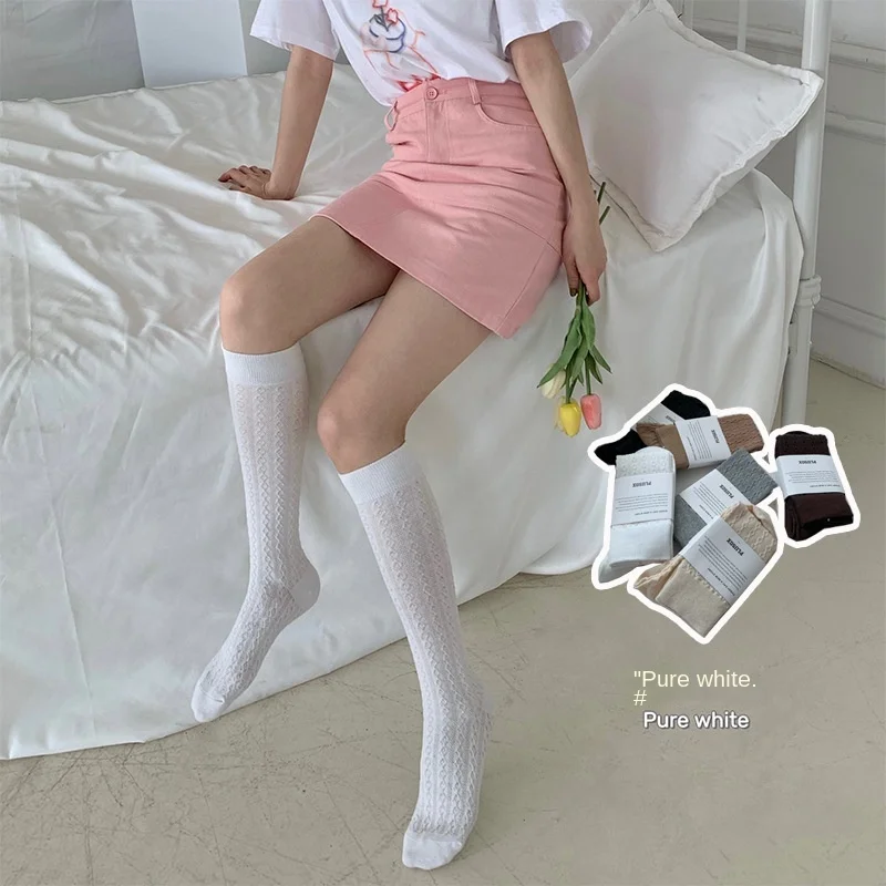 

Women Cotton Socks Spring And Summer Three-Dimensional Hemp Flower Hollow Out JK Breathable Girl Socks Fashion Female Knee Socks