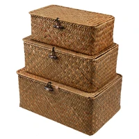 handmade straw woven storage basket rattan jewelry seagrass sorting box toy wicker storage boxes makeup organizer with lid home