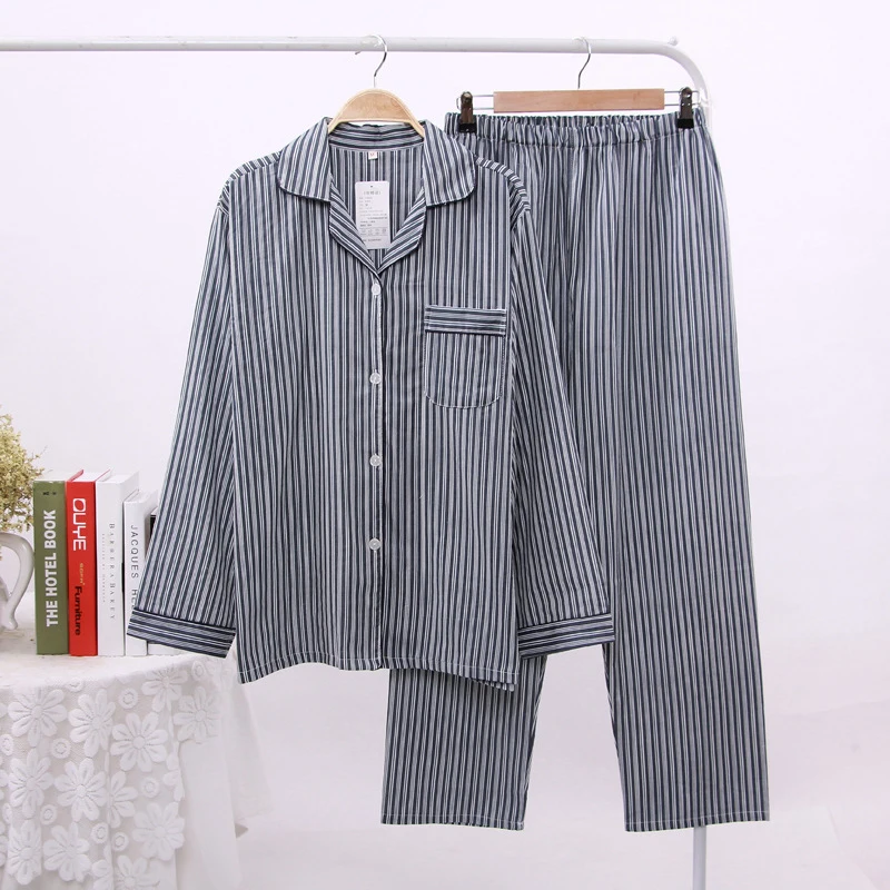 

JULY'S SONG 2 Pieces Cotton Men's Pajamas Set Casual Striped Long Sleeve Lapel Collar Sleepwear Spring Summer Homewear Nightwear