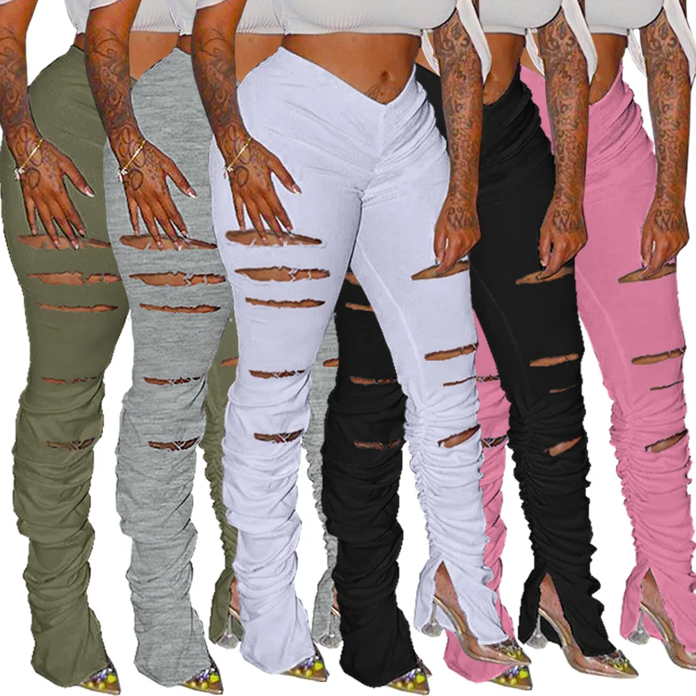 

Cut Hollow Out Ripped Pleated Split Stacked Leggings Sexy Ruched High Waist Pencil Pants Women Clothes Sweatpants track pants