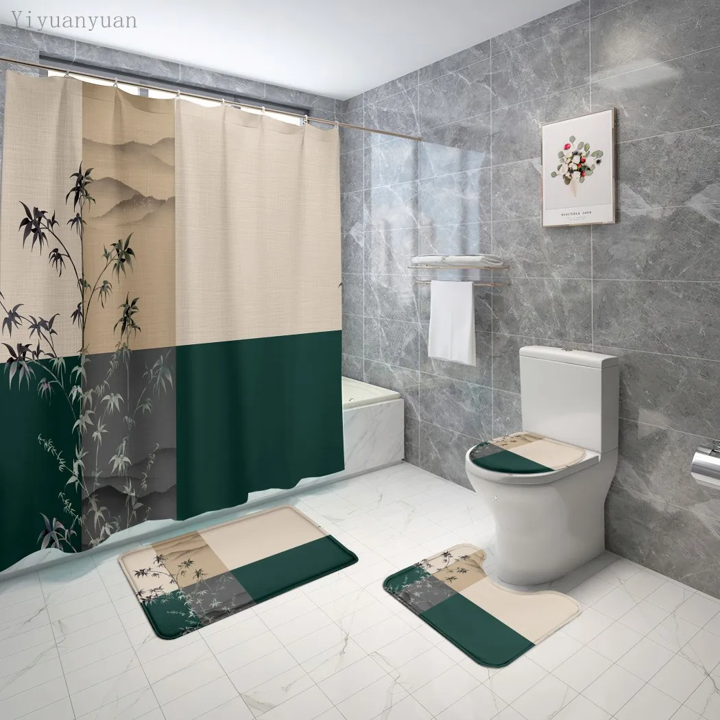 

Chinese Style Bathroom Non-slip Mat Set Bamboo Lotus Printed Shower Curtain Set Pedestal Rug Lid Toilet Cover Bath Mat Rugs