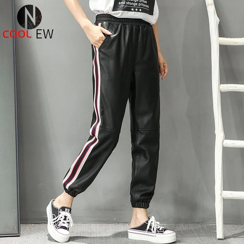 

Fashion Women Casual Genuine Leather Sweatpants Elastic Waist Ankle Length Pants Streetwear Loose Fit Stripe Sheepskin Trousers