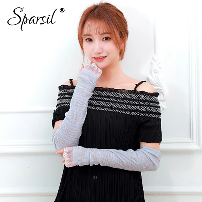 Sparsil Ladies Summer Lace Solid Long Gloves Thin Breathable Sunscreen Driving Sleeve Mittens Elegant Fingerless Female Gloves