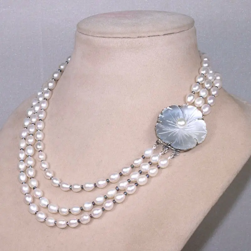 

Красивое Ожерелье из пресноводного белого жемчуга 3 ряда 7-8 мм, 43-48 см, модные украшения